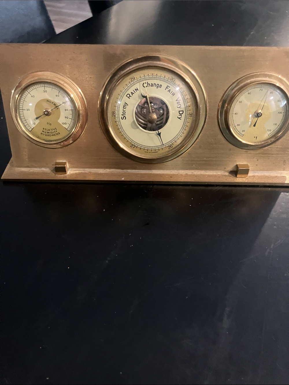 Brass-Colored Triple Weather Station Wall Clock and Instruments